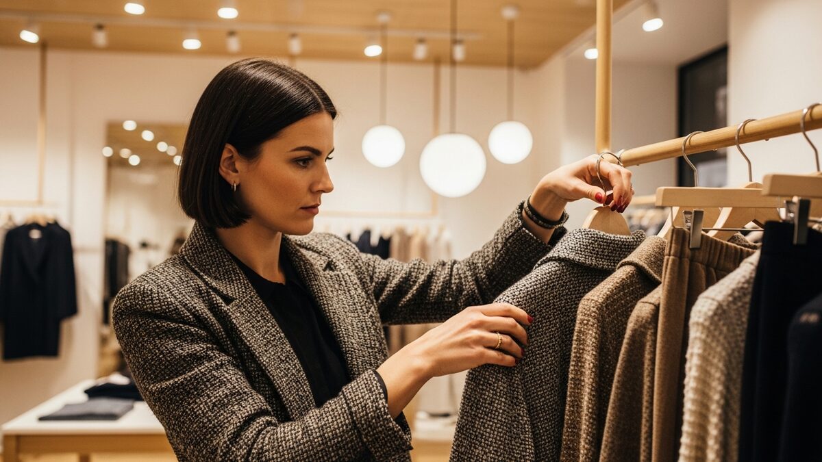 Fashion boutique buyer carefully reviewing garments on a rail to identify bestselling pieces and reduce markdown risk
