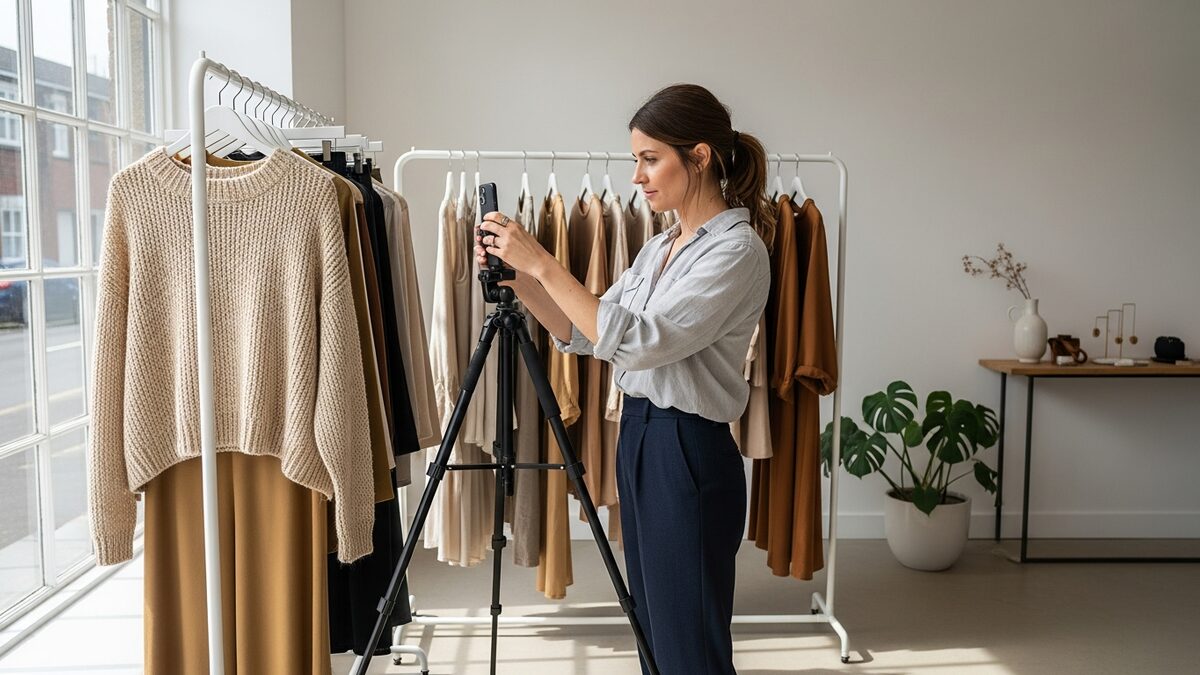Boutique owner photographing clothing with a smartphone on a tripod using natural window light for Instagram content