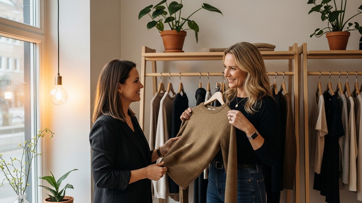 Boutique owner sharing a new garment with a loyal customer in an intimate personal shopping moment in an independent fashion boutique