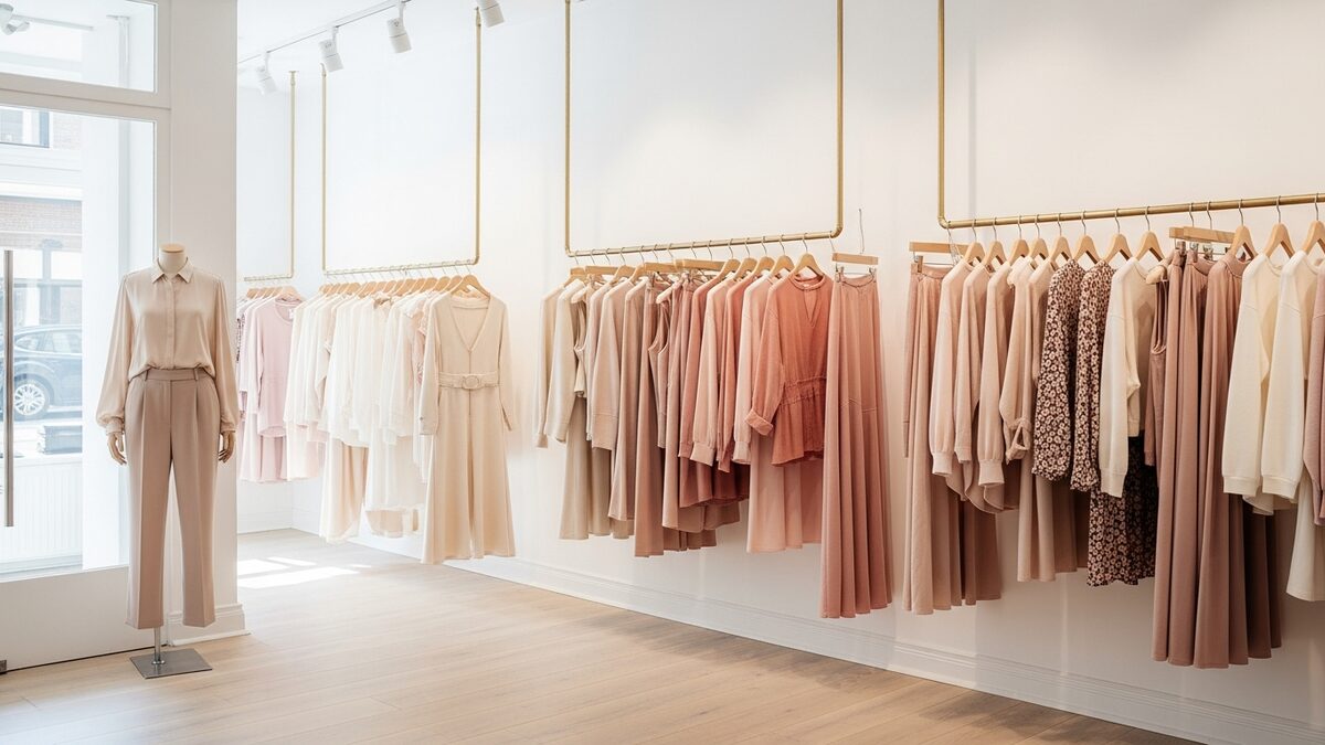 Colour-blocked clothing rails in a minimalist fashion boutique interior with a styled mannequin near the entrance