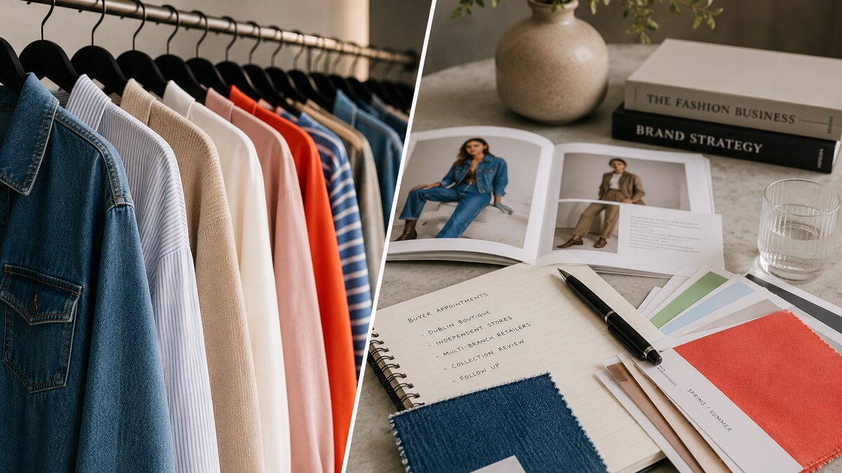 Fashion brand strategy meeting with garment rails and fabric swatches — understanding fashion agency and distribution models in Ireland