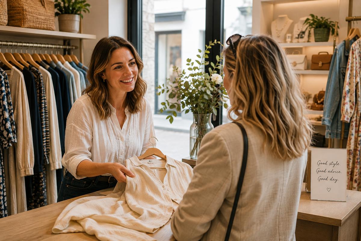 Independent fashion boutique owner helping a customer choose an outfit in a stylish womenswear shop