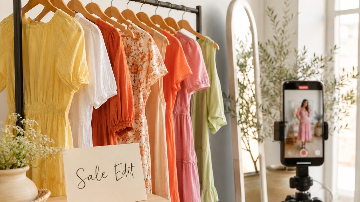 Colourful summer boutique rail with a Sale Edit card and phone filming a try-on video