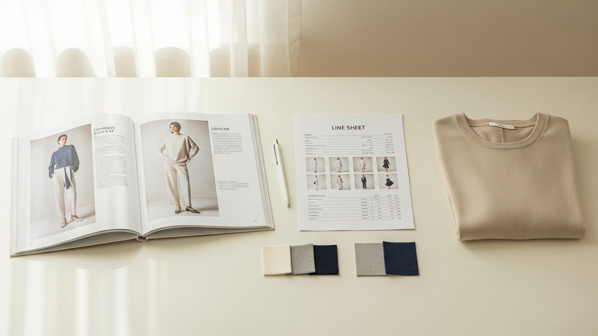 Fashion brand preparation desk with lookbook, line sheet, fabric swatches and womenswear samples for Irish distribution