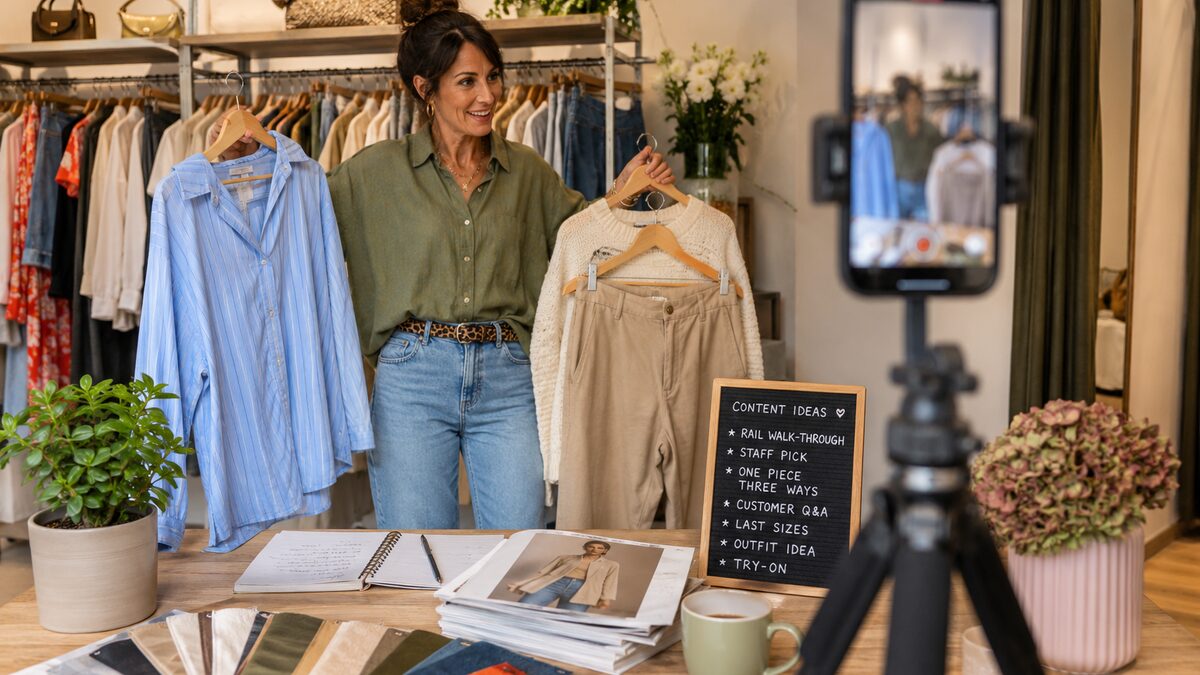 Boutique owner filming Instagram content with outfit ideas, rail walk-throughs and try-on video setup